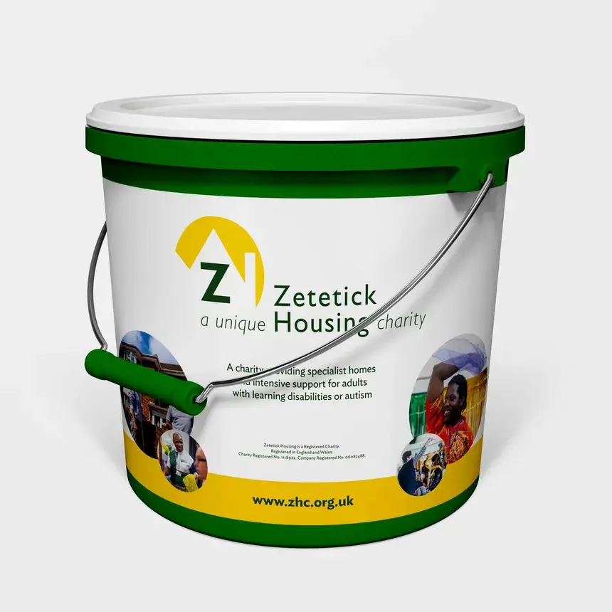 Zetetick Housing charity collection bucket.