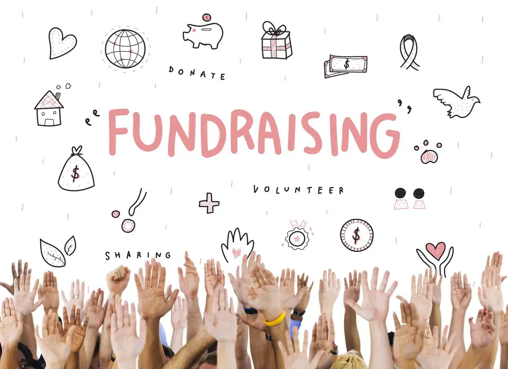 Hands raised for fundraising and volunteering support.