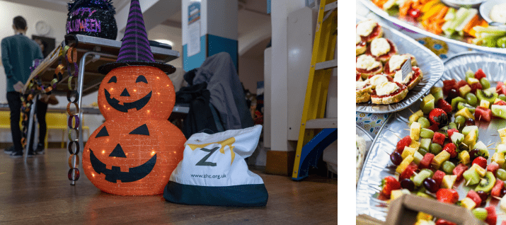 Supported living feedback | A spook-tacular success in South East England 4 Left: A pumpkin decoration wearing a witch's hat sat next to a Zetetick branded tote bag. Right: Several platters of buffet food including scones, fruit and vegetable sticks.