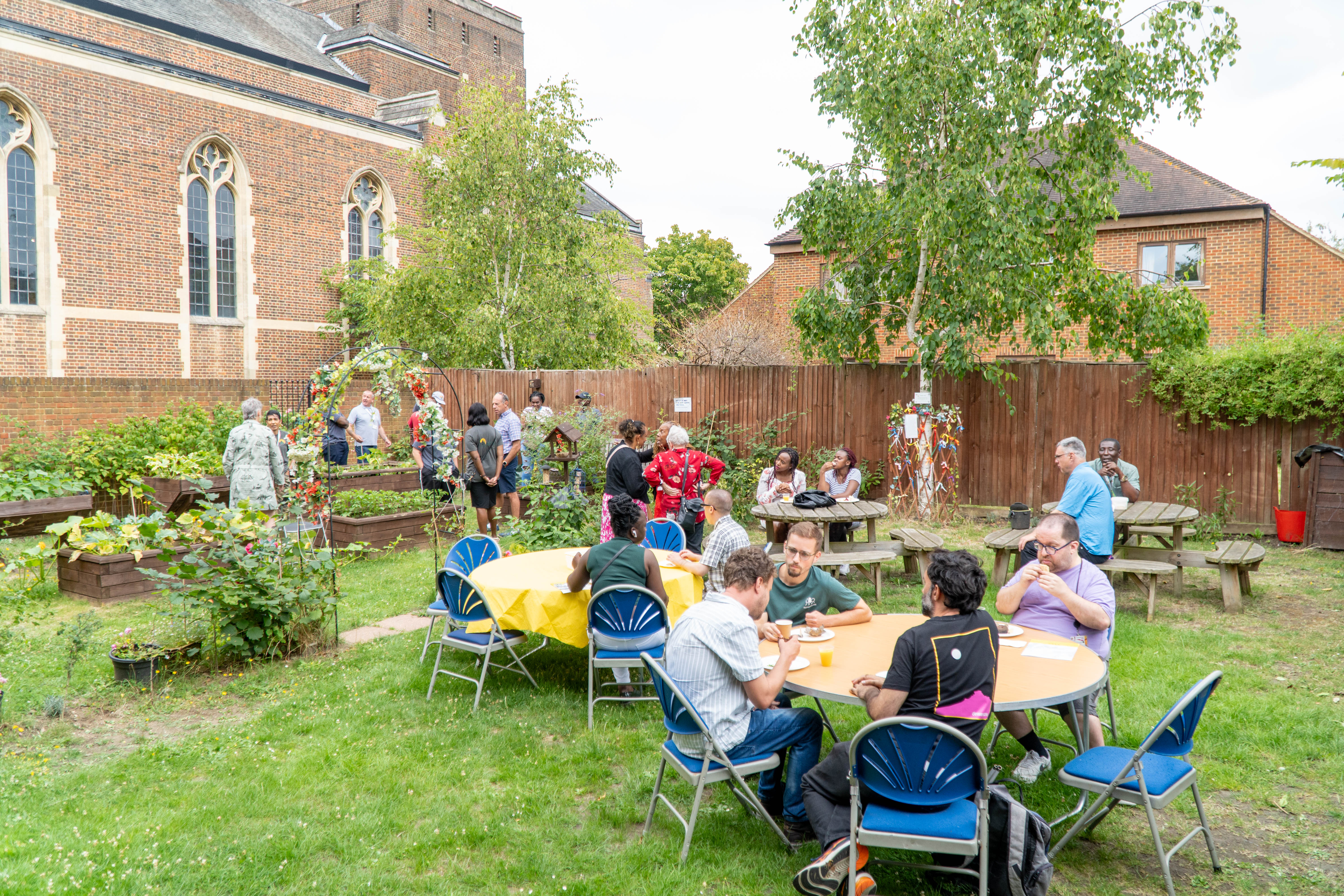 Community gathering in church garden